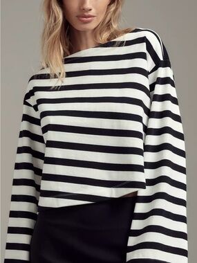 Maeve Boatneck Bell-Sleeved Knit Black White Top Size XS